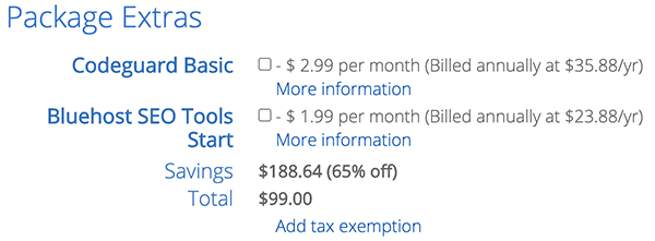 How to use Bluehost package extras